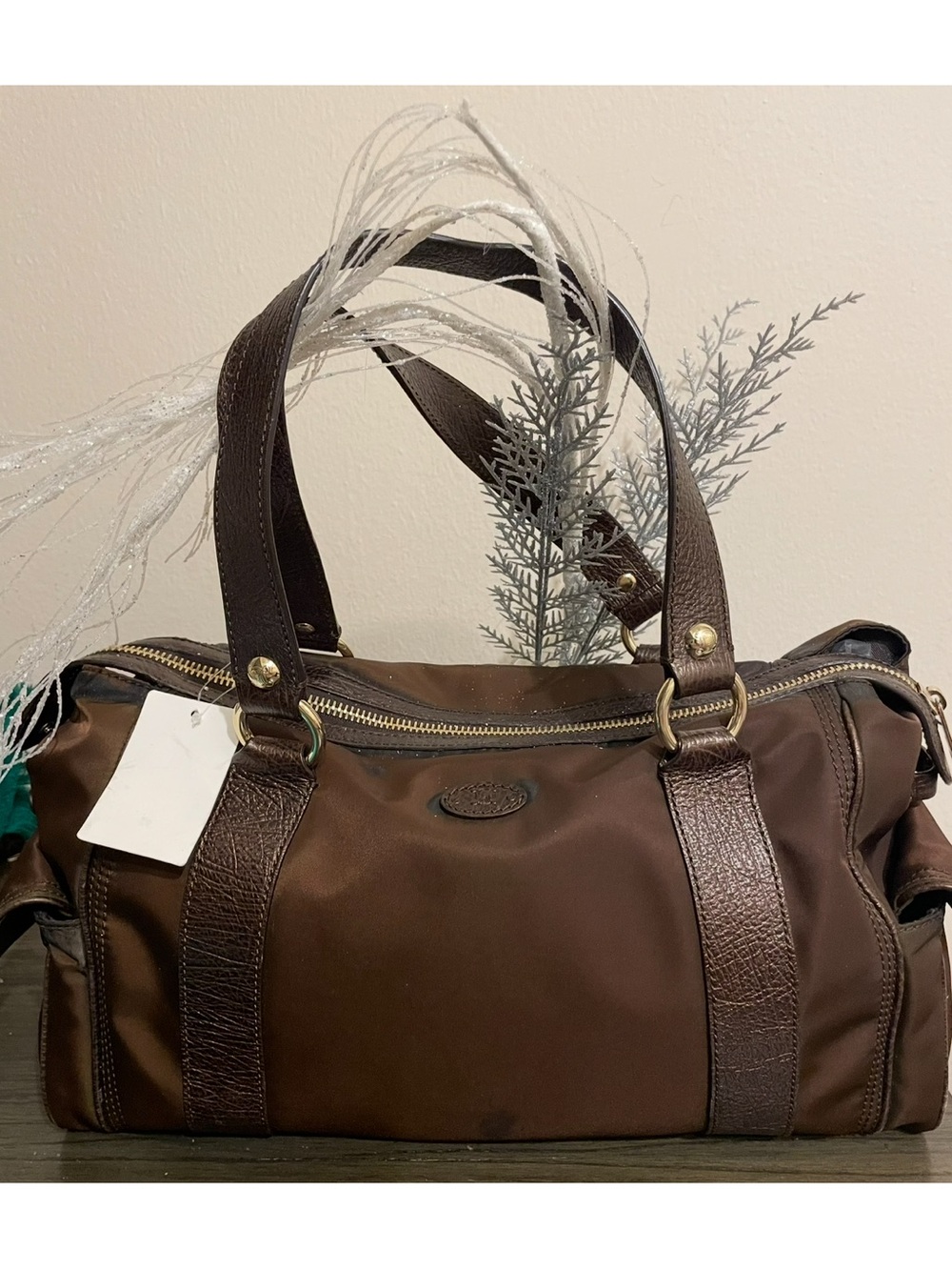 Celine Brown Nylon & Leather Satchel Handbag